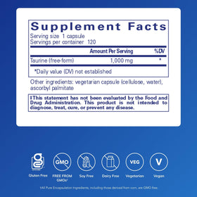 Capsules de Taurine 1 000 mg Pure Encapsulations sur une surface blanche