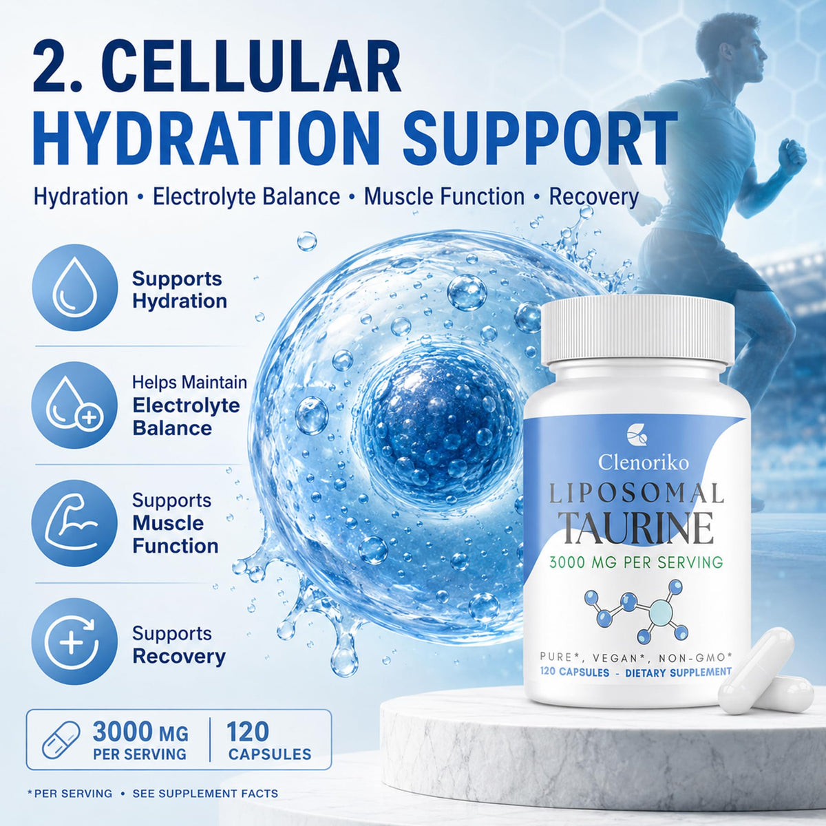 Capsules de taurine Clenoriko sur un fond en bois