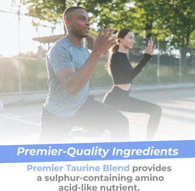 Capsules de taurine de Premier Research Labs sur un fond neutre