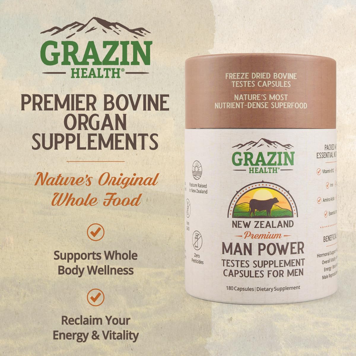 Capsules de testicules de boeuf GRAZIN HEALTH sur une table