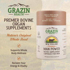 Capsules de testicules de boeuf GRAZIN HEALTH sur une table
