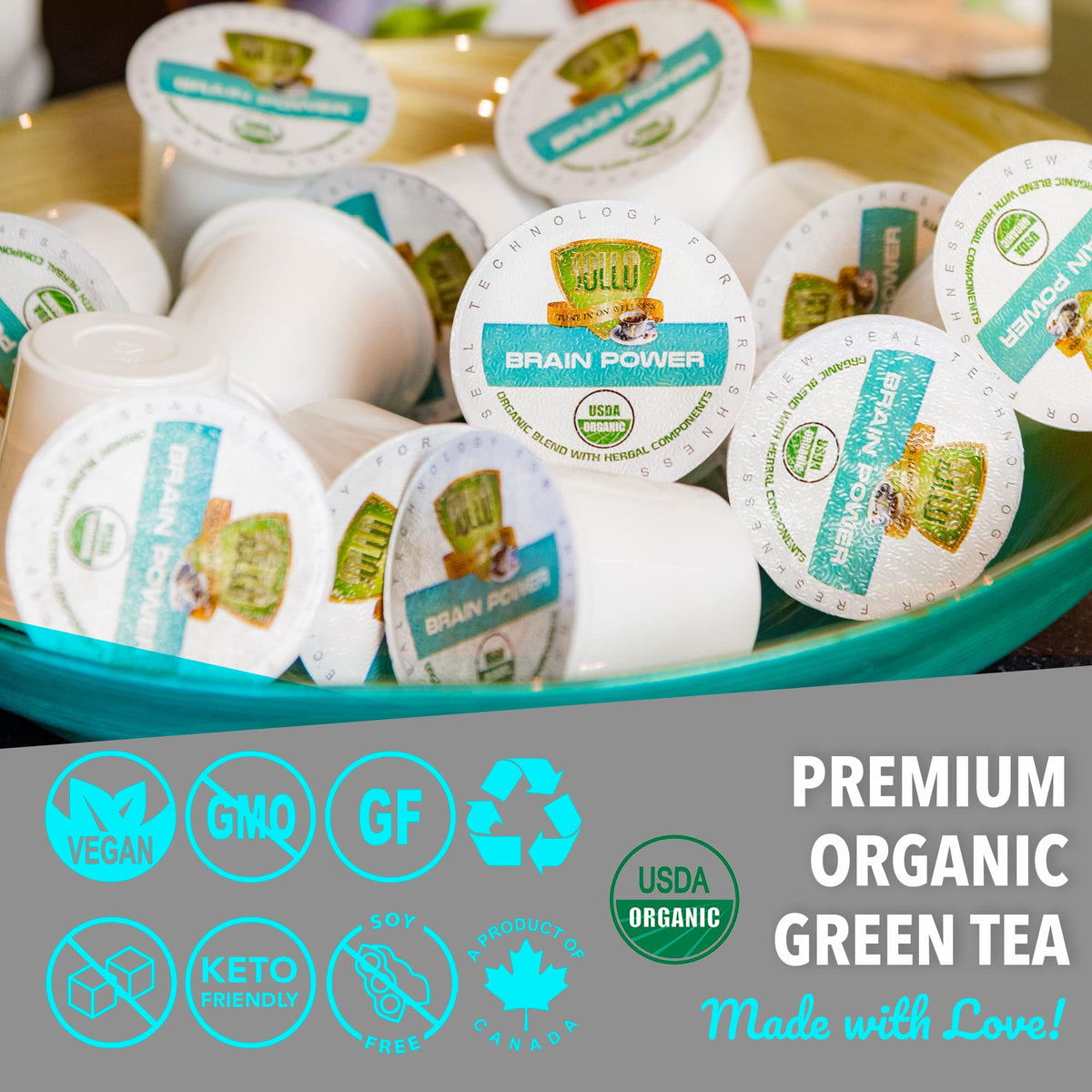 Capsules de thé vert bio SOLLO avec une tasse de thé