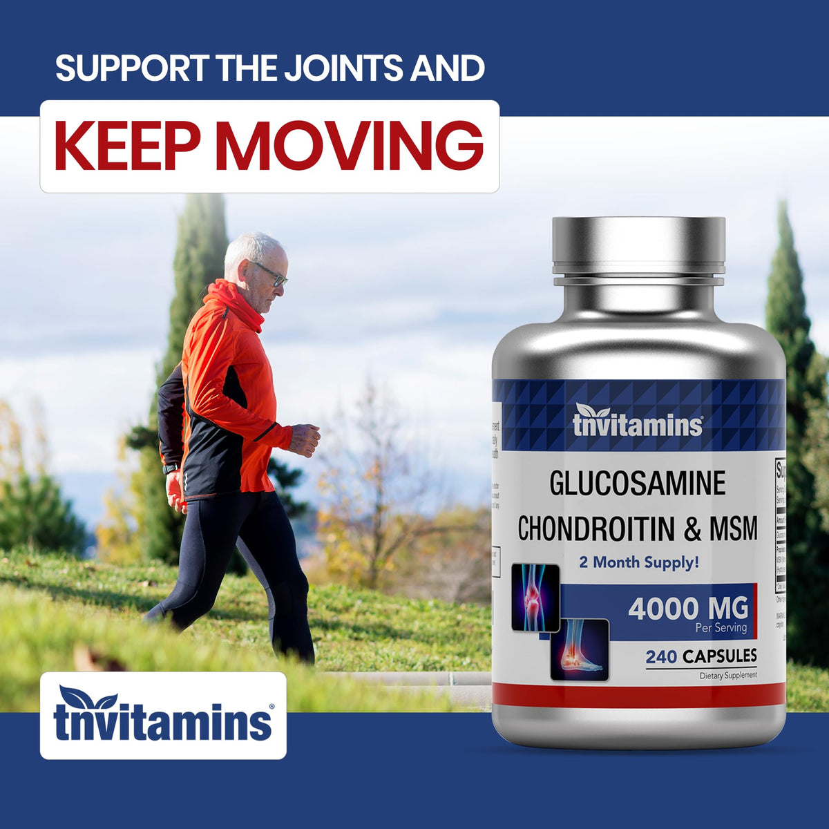 Capsules de tnvitamins Glucosamine Chondroitin MSM sur fond blanc