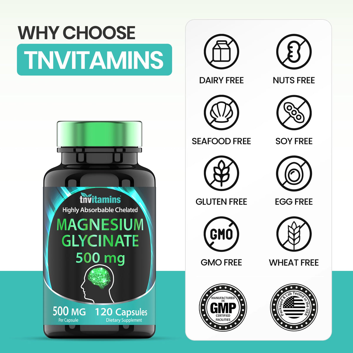 Capsules de tnvitamins Magnésium Glycinate 500mg dans un verre