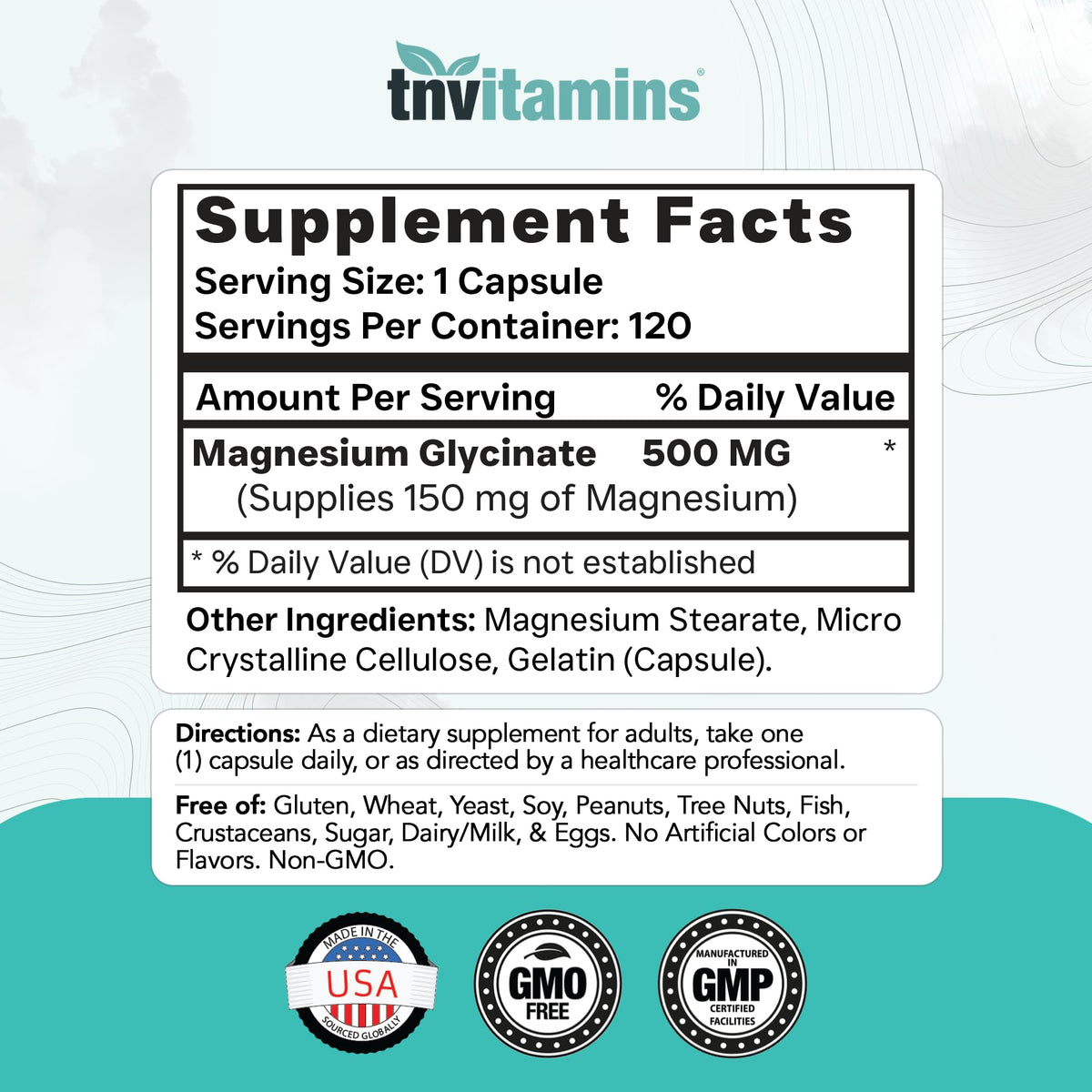 Capsules de tnvitamins Magnésium Glycinate 500mg sur une table