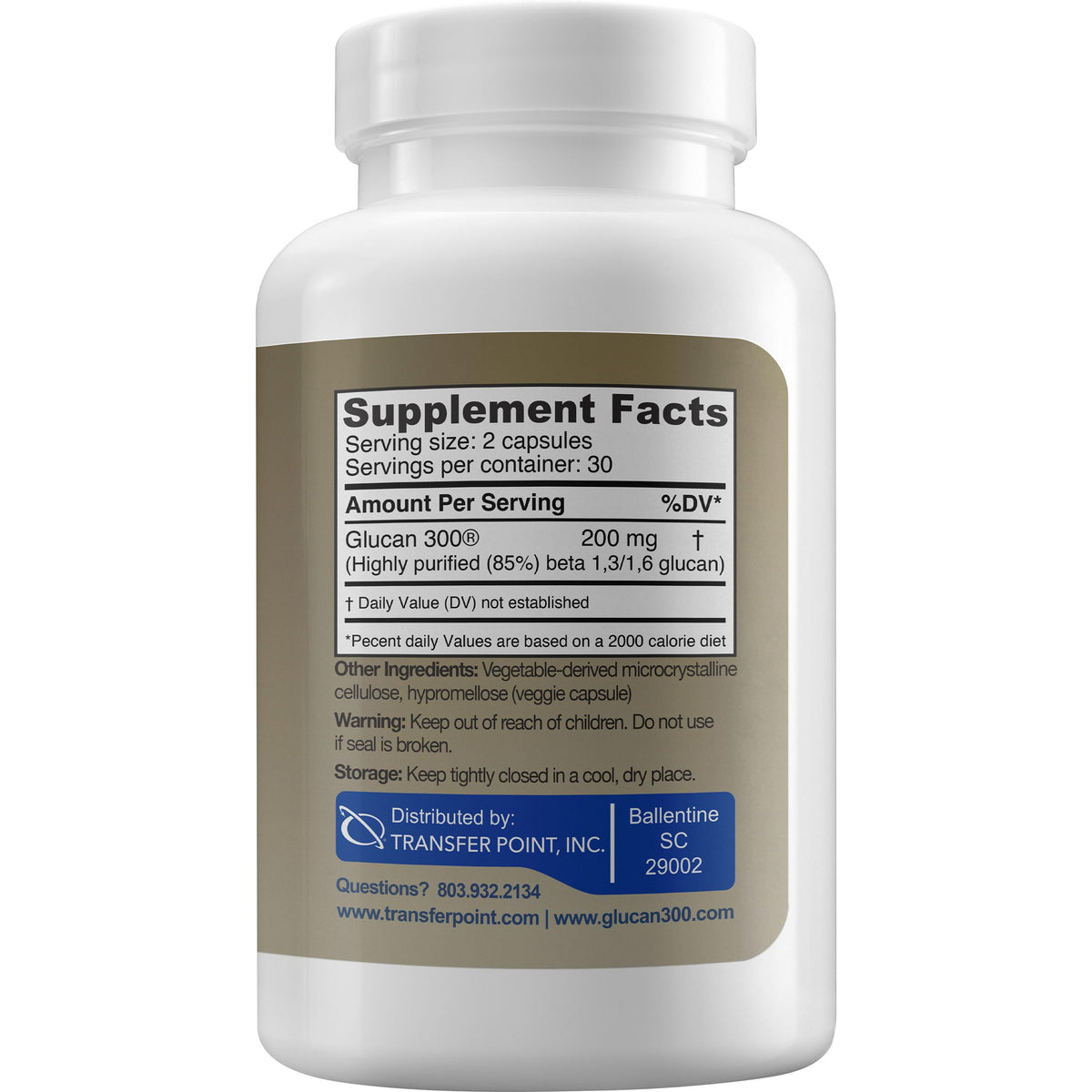 Capsules de Transfer Point Beta 1,3D Glucan 100 mg sur une table