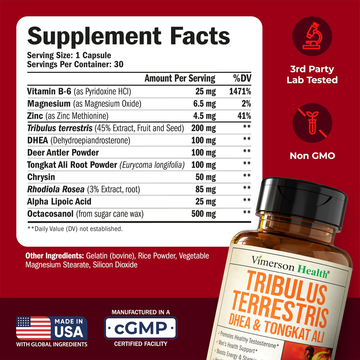 Capsules de Tribulus Terrestris de Vimerson Health sur une surface
