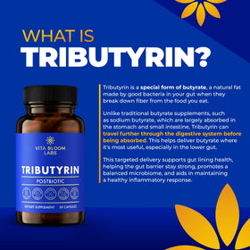 Capsules de Tributyrin de Vita Bloom Labs sur une surface blanche
