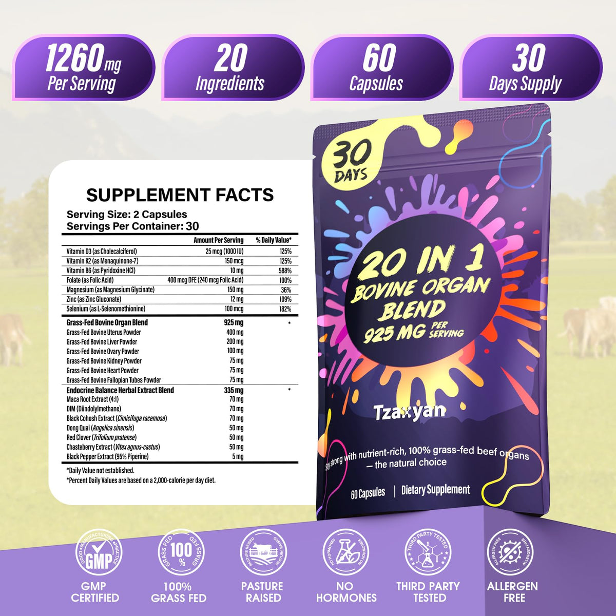 Capsules de tzaxyan organes de boeuf 20-en-1 avec dosage