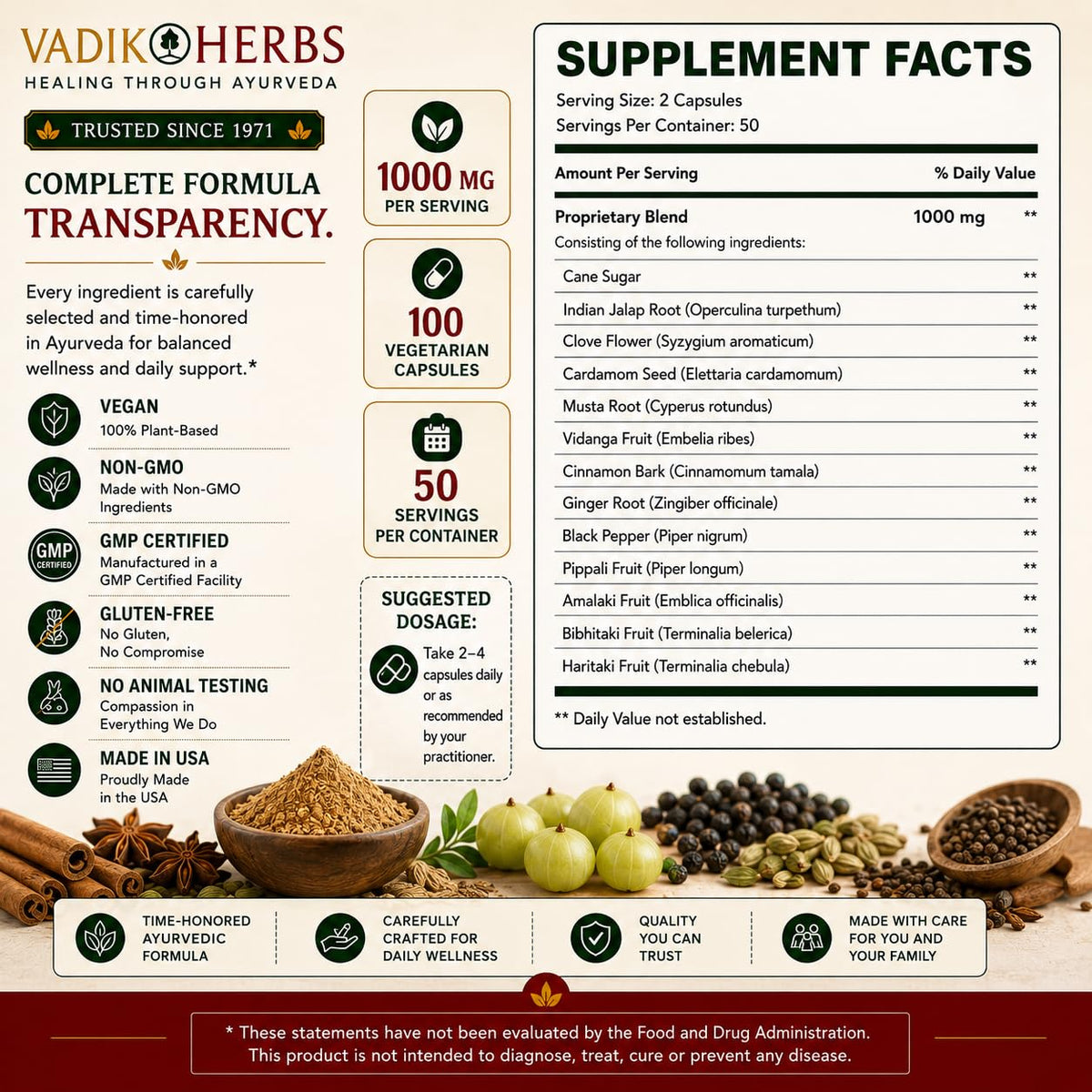 Capsules de Vadik Herbs Avipattikar sur une surface blanche
