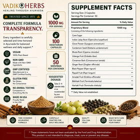 Capsules de Vadik Herbs Avipattikar sur une surface blanche