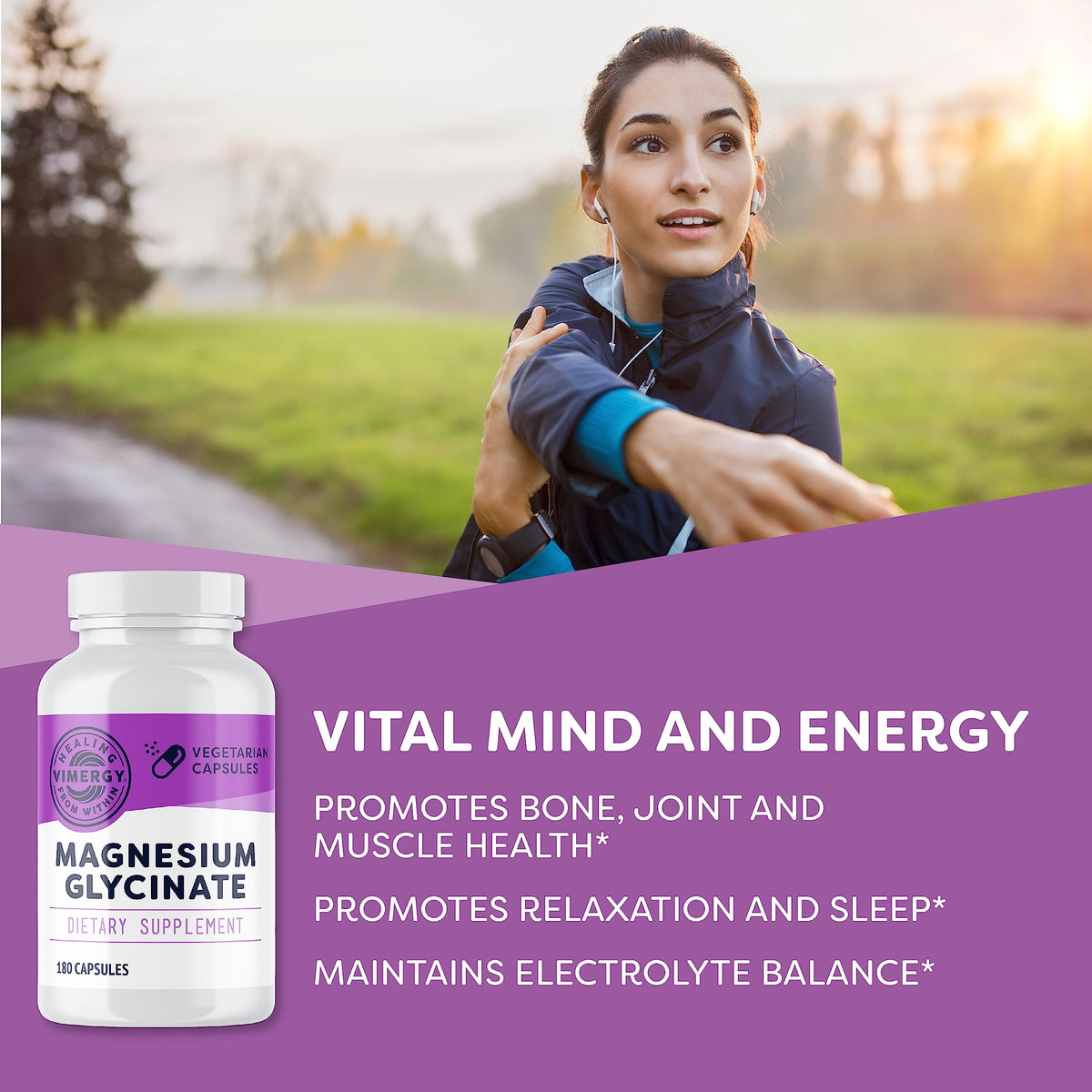 Capsules de Vimergy Magnésium Glycinate sur une surface blanche