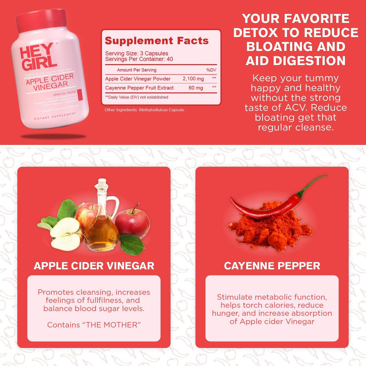 Capsules de vinaigre de cidre de pomme avec piment cayenne en gros plan