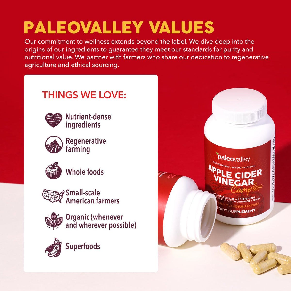 Capsules de Vinaigre de Cidre de Pomme Paleovalley dans une main