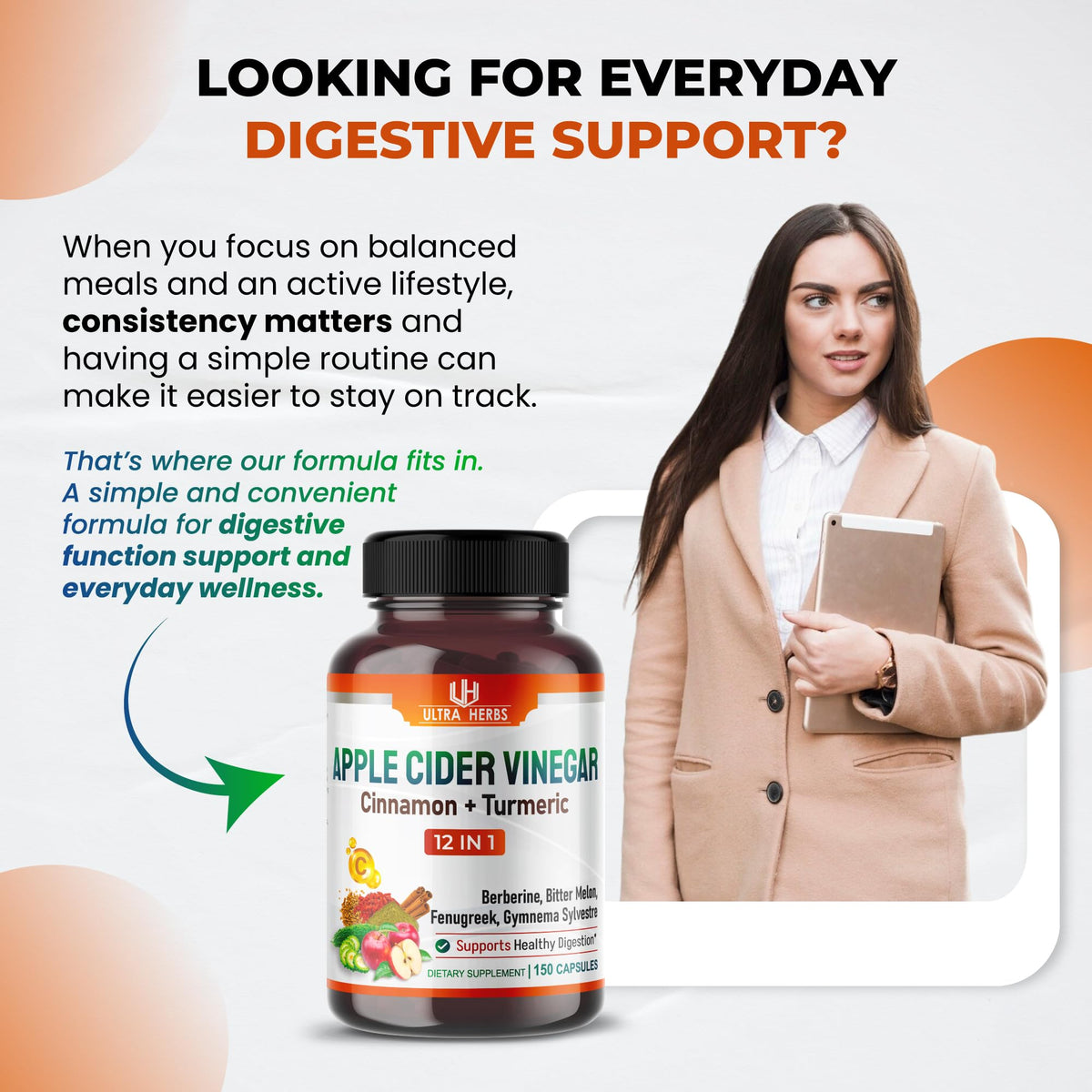 Capsules de vinaigre de cidre de pomme Ultra Herbs sur fond blanc