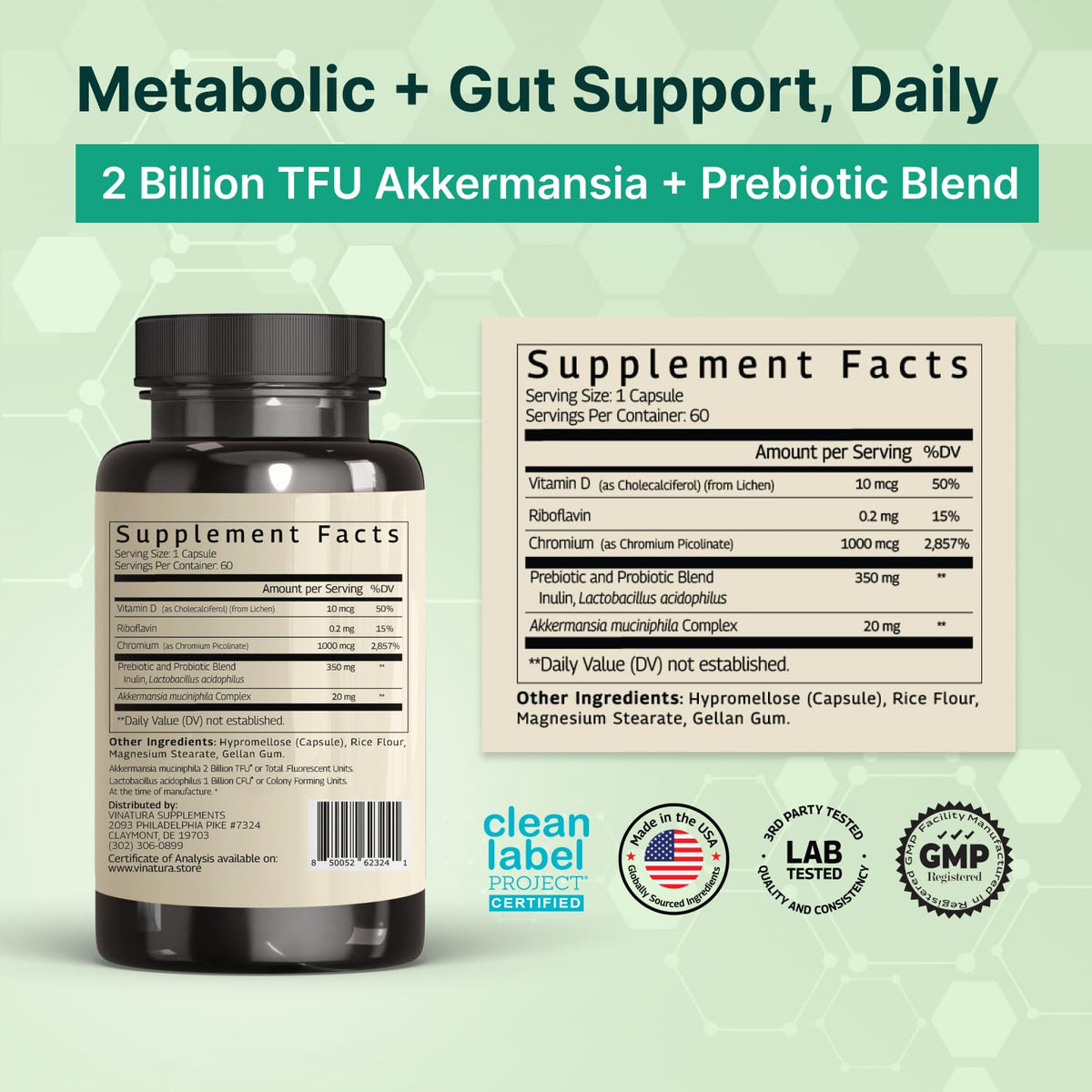 Capsules de VINATURA Akkermansia Probiotic sur fond blanc
