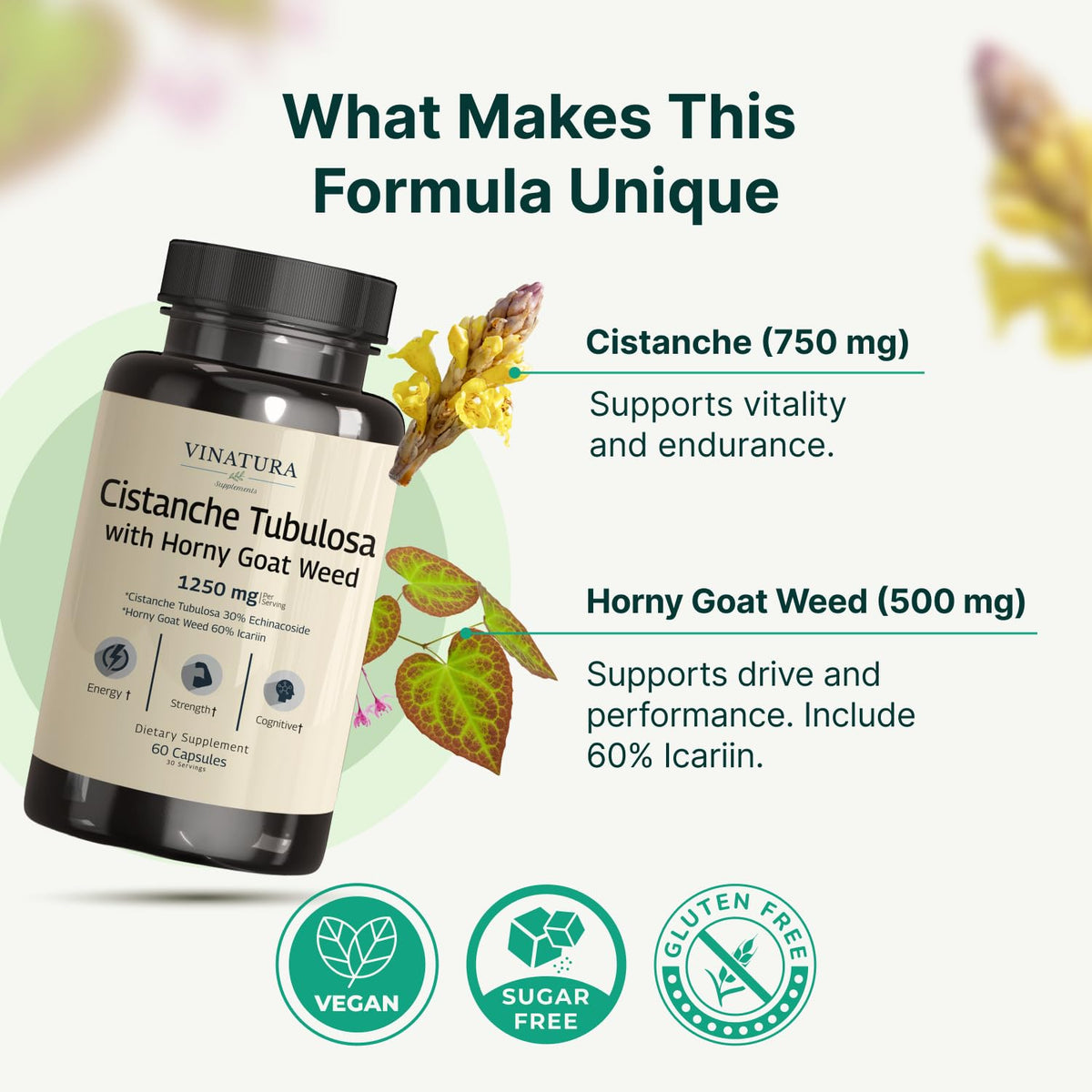 Capsules de VINATURA Cistanche et Horny Goat Weed sur une surface blanche