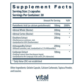 Capsules de Vital Nutrients Complément Alimentaire Système Surrénalien sur une surface blanche