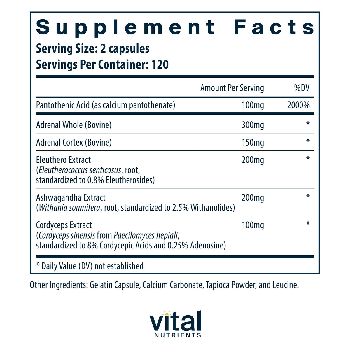 Capsules de Vital Nutrients Soutien Surrénalien en gros plan