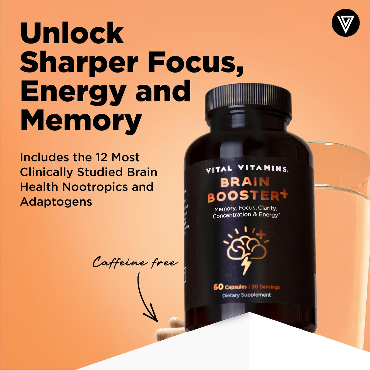 Capsules de Vital Vitamins Brain support Plus sur une table