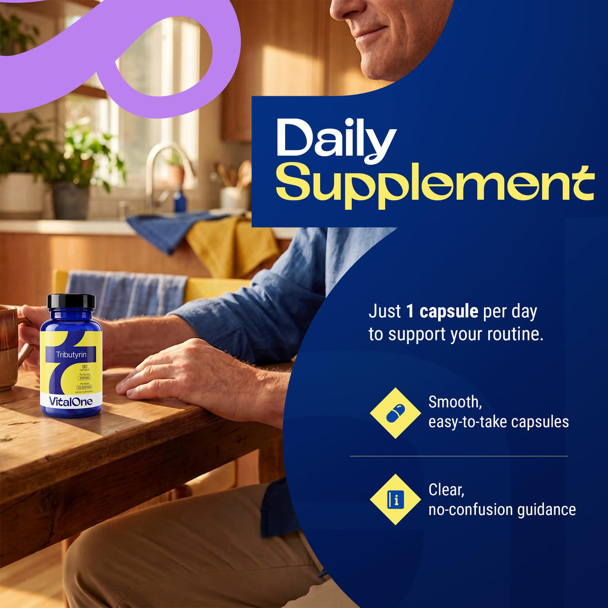 Capsules de VitalOne Tributyrin 250 mg dans une main