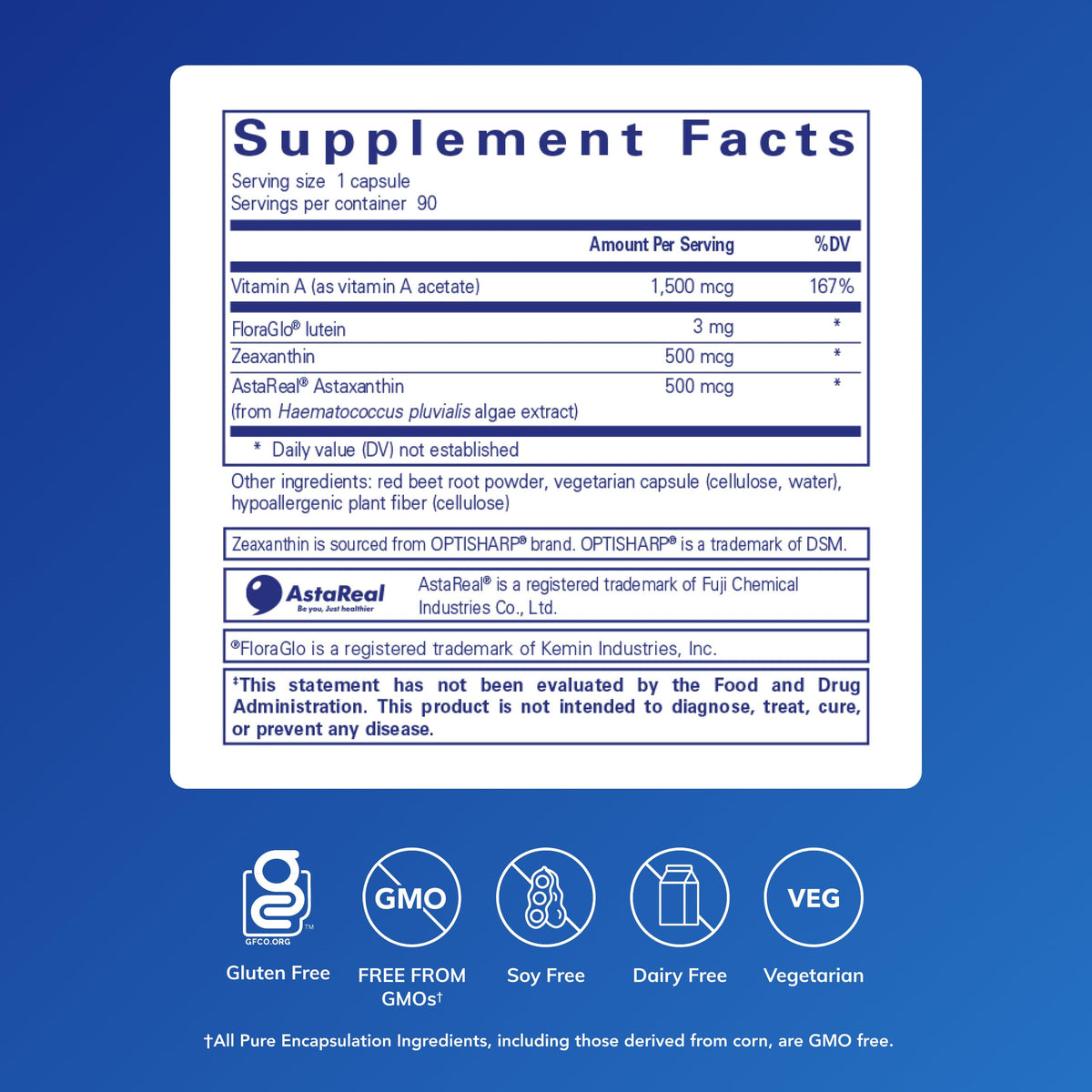 Capsules de Vitamine A + Caroténoïdes Pure Encapsulations sur fond blanc