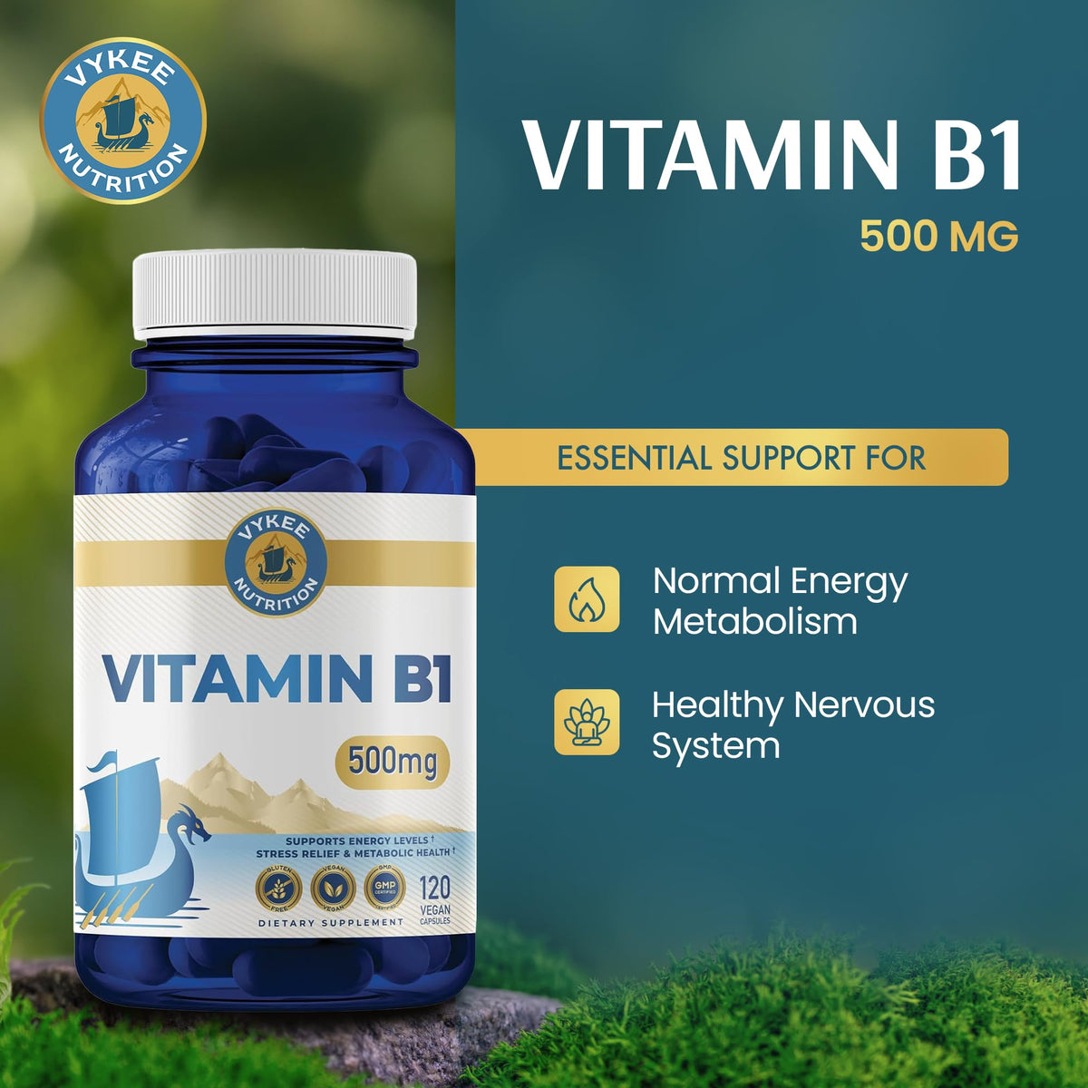 Capsules de vitamine B1 Vykee Nutrition sur fond blanc