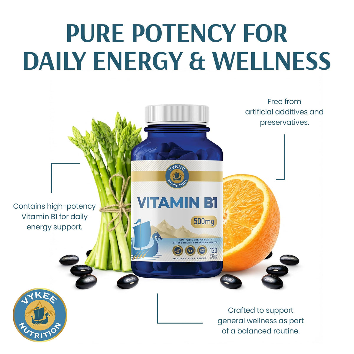 Capsules de vitamine B1 Vykee Nutrition sur une table
