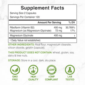 Capsules de Vitamine B2 et Magnésium Glycinate à l'intérieur du flacon