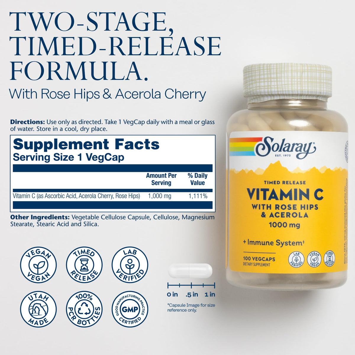 Capsules de Vitamine C 1000mg SOLARAY sur une surface blanche
