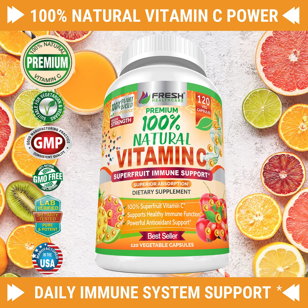 Capsules de Vitamine C 500mg FRESH HEALTHCARE sur fond blanc