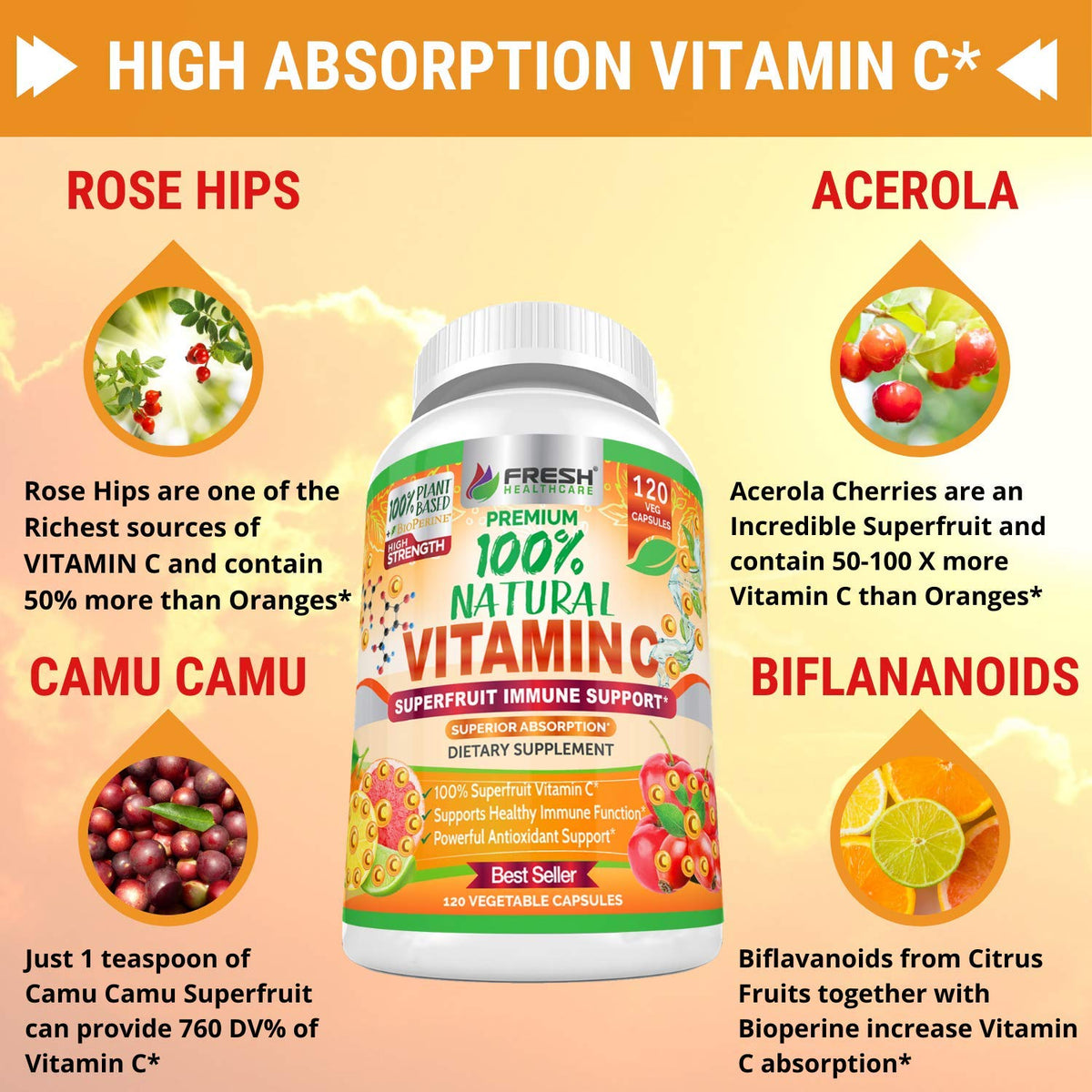 Capsules de Vitamine C 500mg FRESH HEALTHCARE sur une table en bois