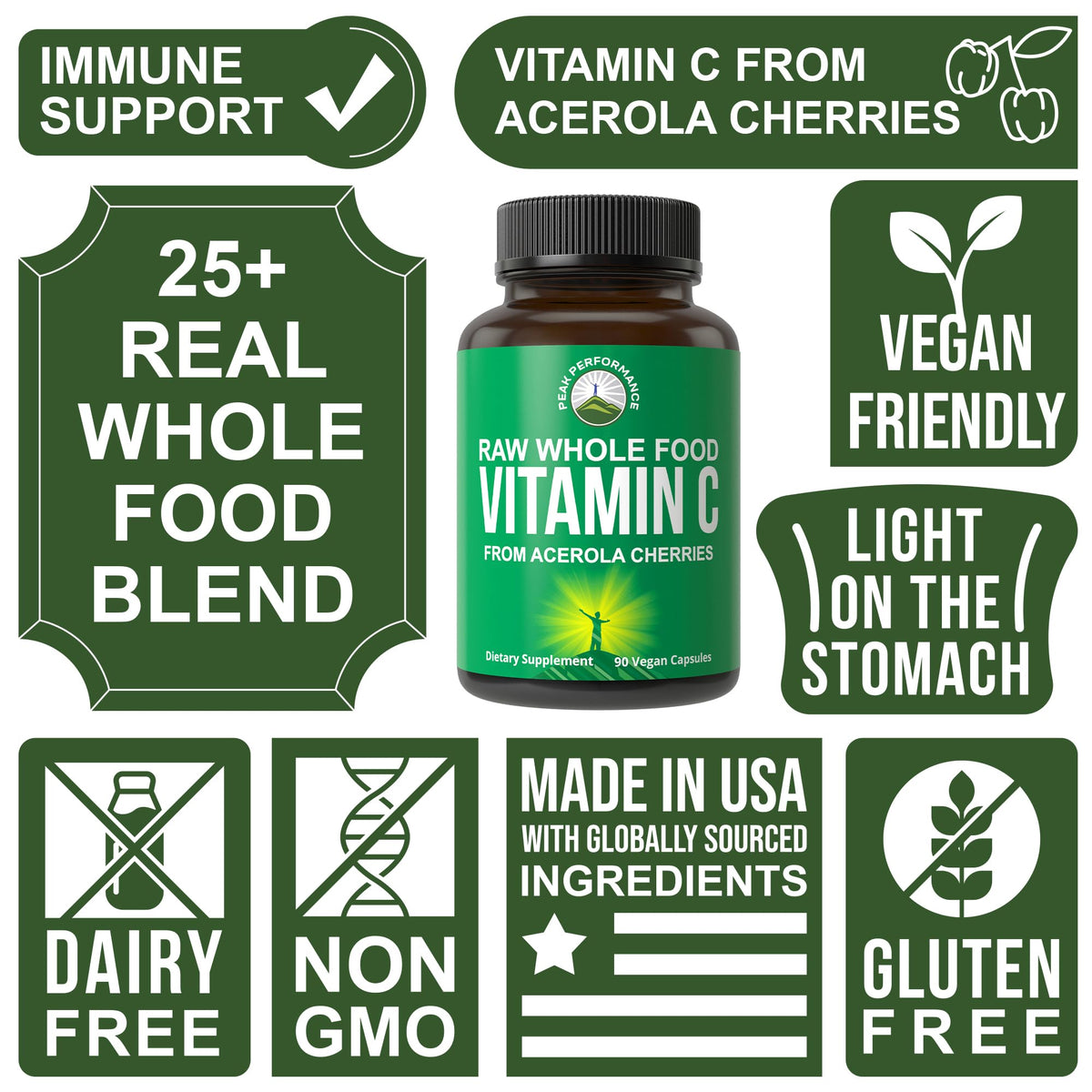 Capsules de Vitamine C à l'Acerola Peak Performance avec fruits acerola