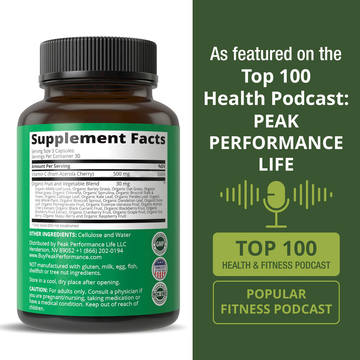 Capsules de Vitamine C à l'Acerola Peak Performance sur fond blanc