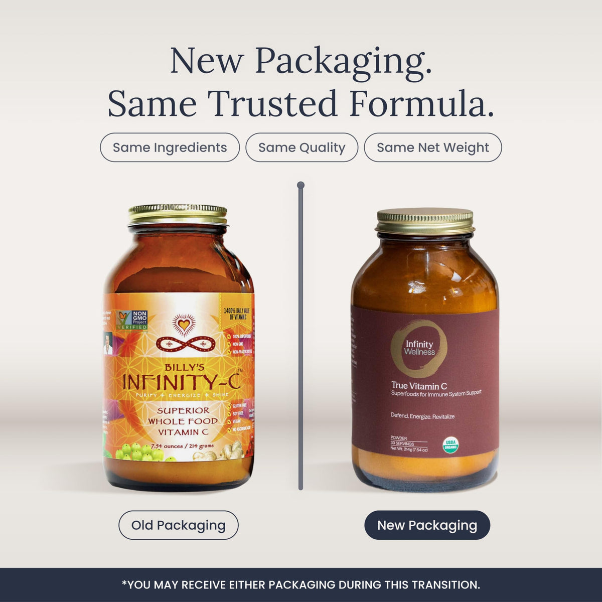 Capsules de vitamine C Infinity Greens sur une surface en bois