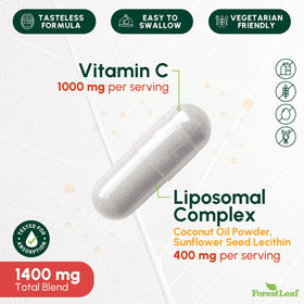 Capsules de vitamine C liposomale ForestLeaf sur fond blanc