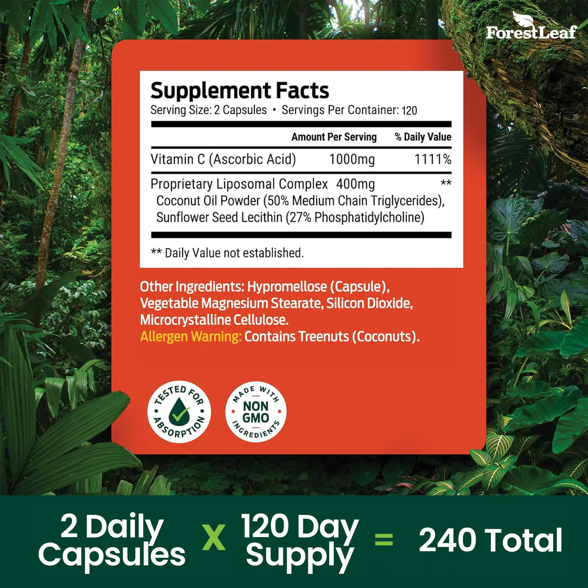 Capsules de vitamine C liposomale ForestLeaf sur une table