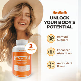Capsules de Vitamine C Liposomale Macuhealth sur une surface blanche
