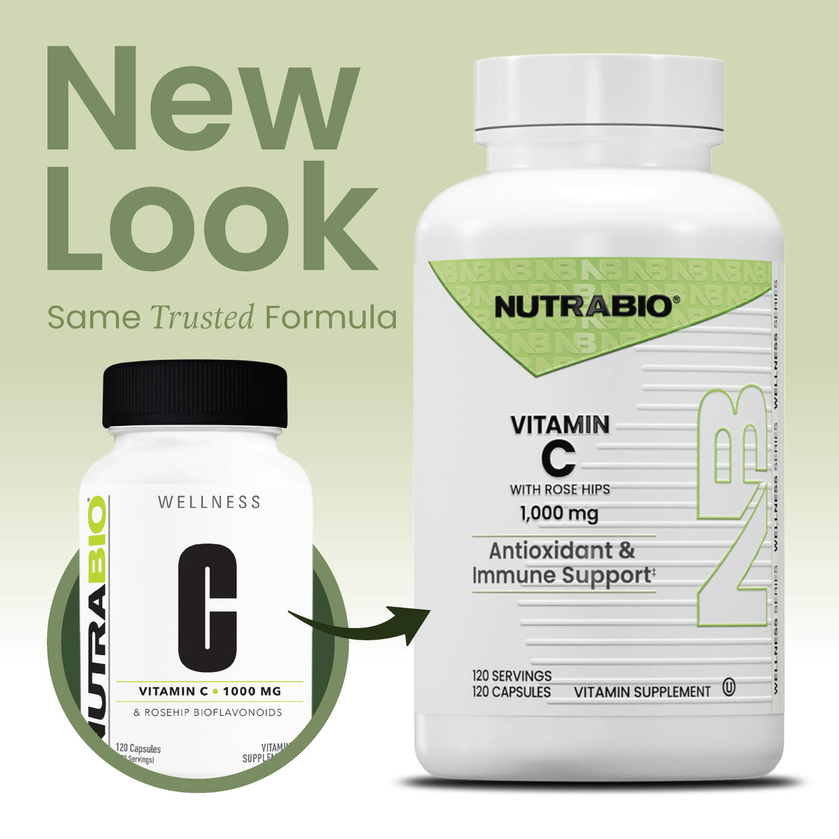 Capsules de Vitamine C NutraBio sur une surface blanche