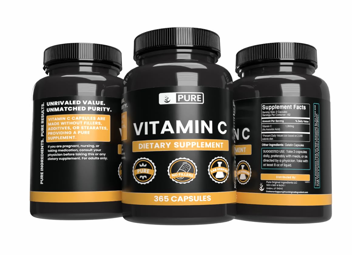 Capsules de vitamine C PURE ORIGINAL INGREDIENTS sur fond blanc