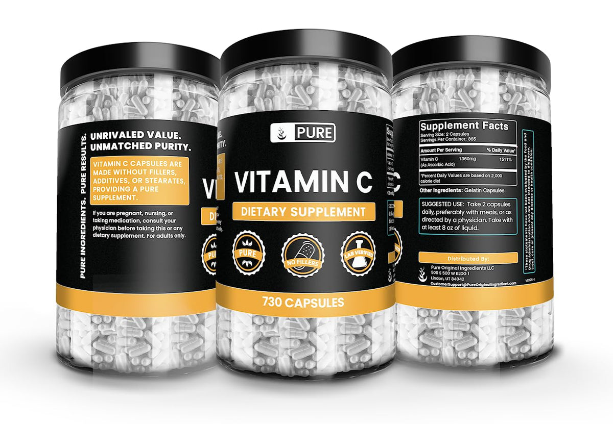 Capsules de vitamine C PURE ORIGINAL INGREDIENTS sur fond blanc