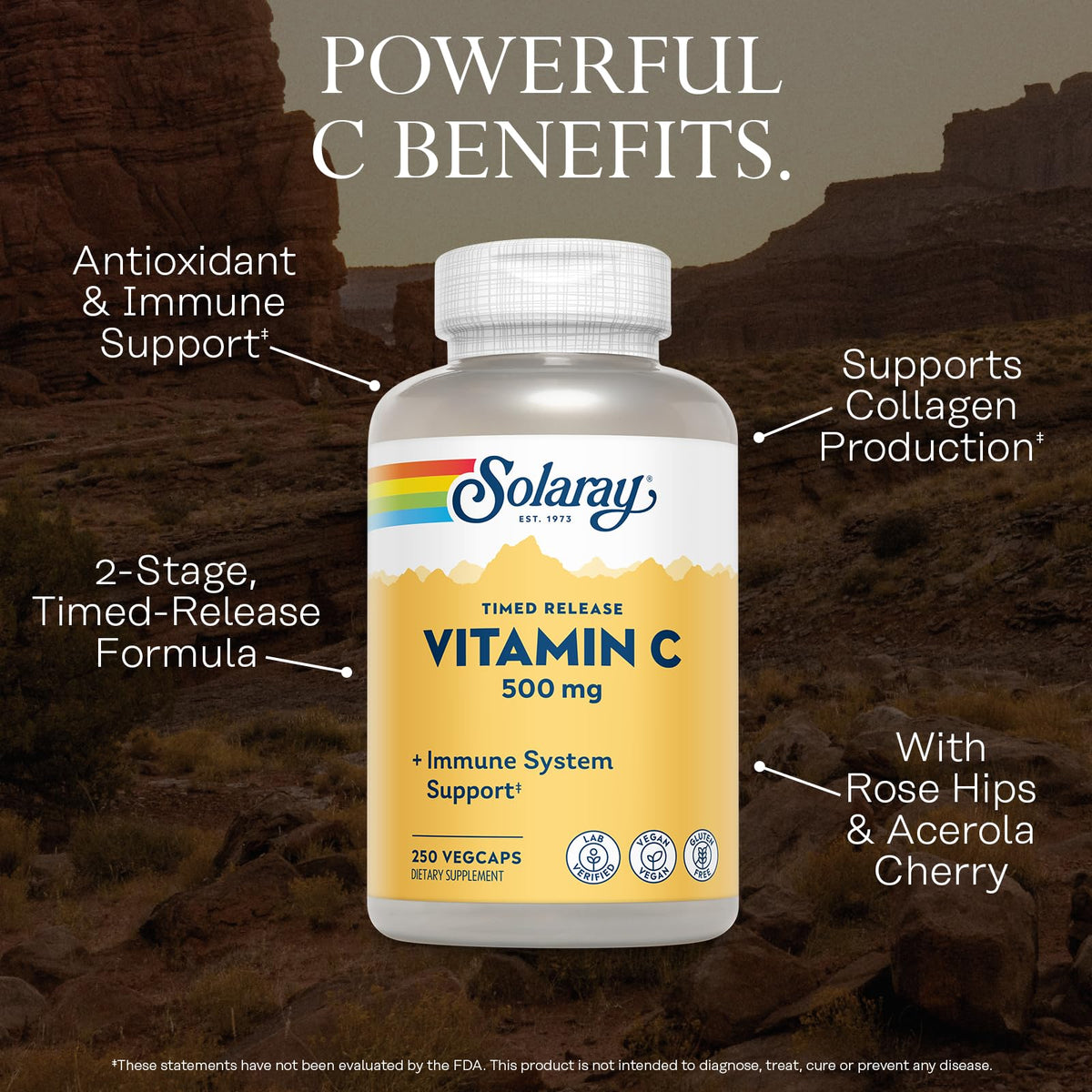 Capsules de Vitamine C SOLARAY sur une surface blanche
