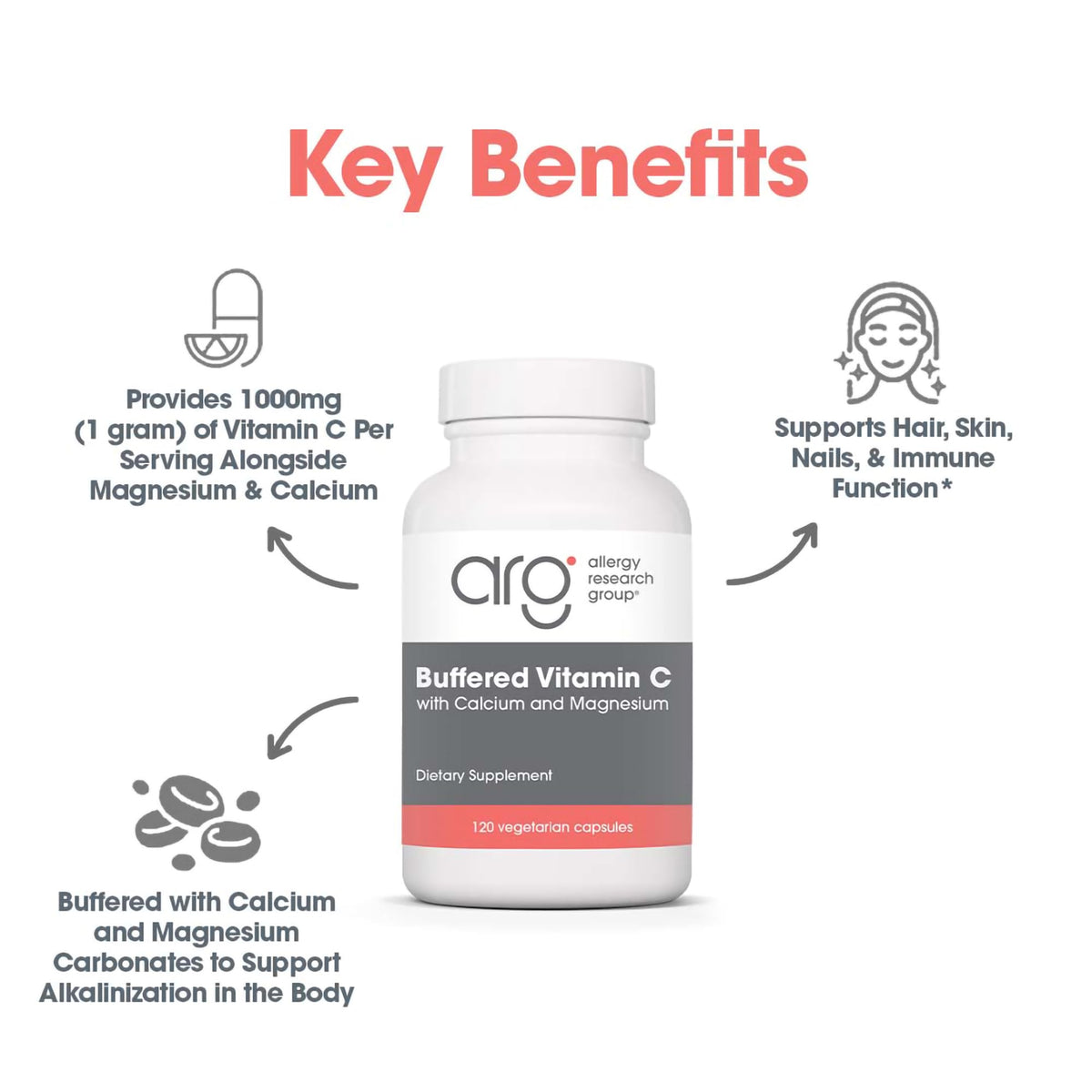 Capsules de Vitamine C Tamponnée 1000 mg Allergy Research Group dans un bol