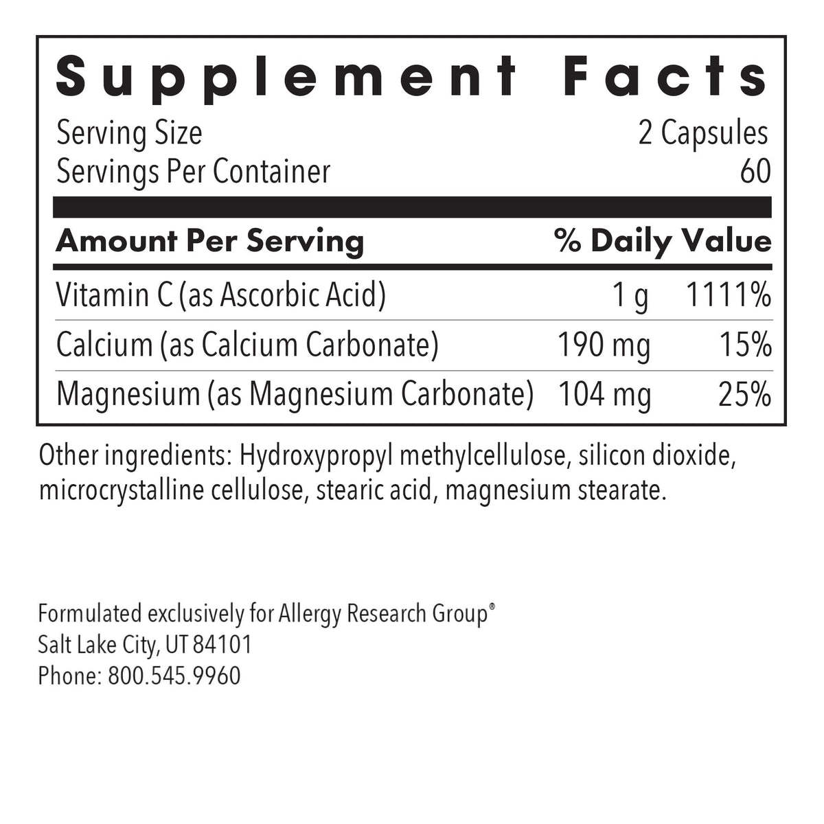 Capsules de Vitamine C Tamponnée 1000 mg Allergy Research Group sur fond blanc