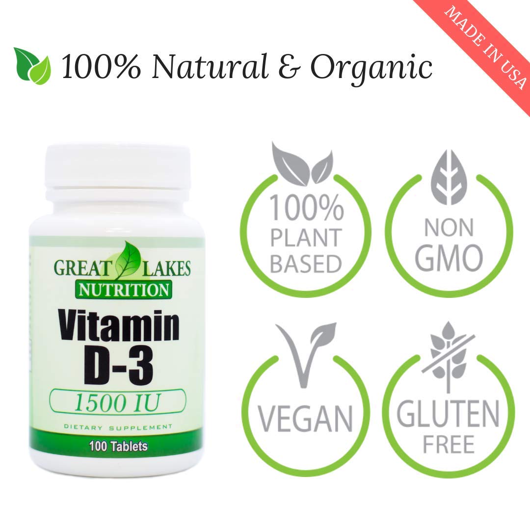 Capsules de Vitamine D3 1500UI Great Lakes Nutrition sur une surface blanche