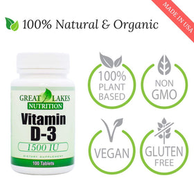 Capsules de Vitamine D3 1500UI Great Lakes Nutrition sur une surface blanche