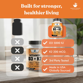Capsules de Vitamine D3 5000 UI et K2 200mcg sur fond blanc