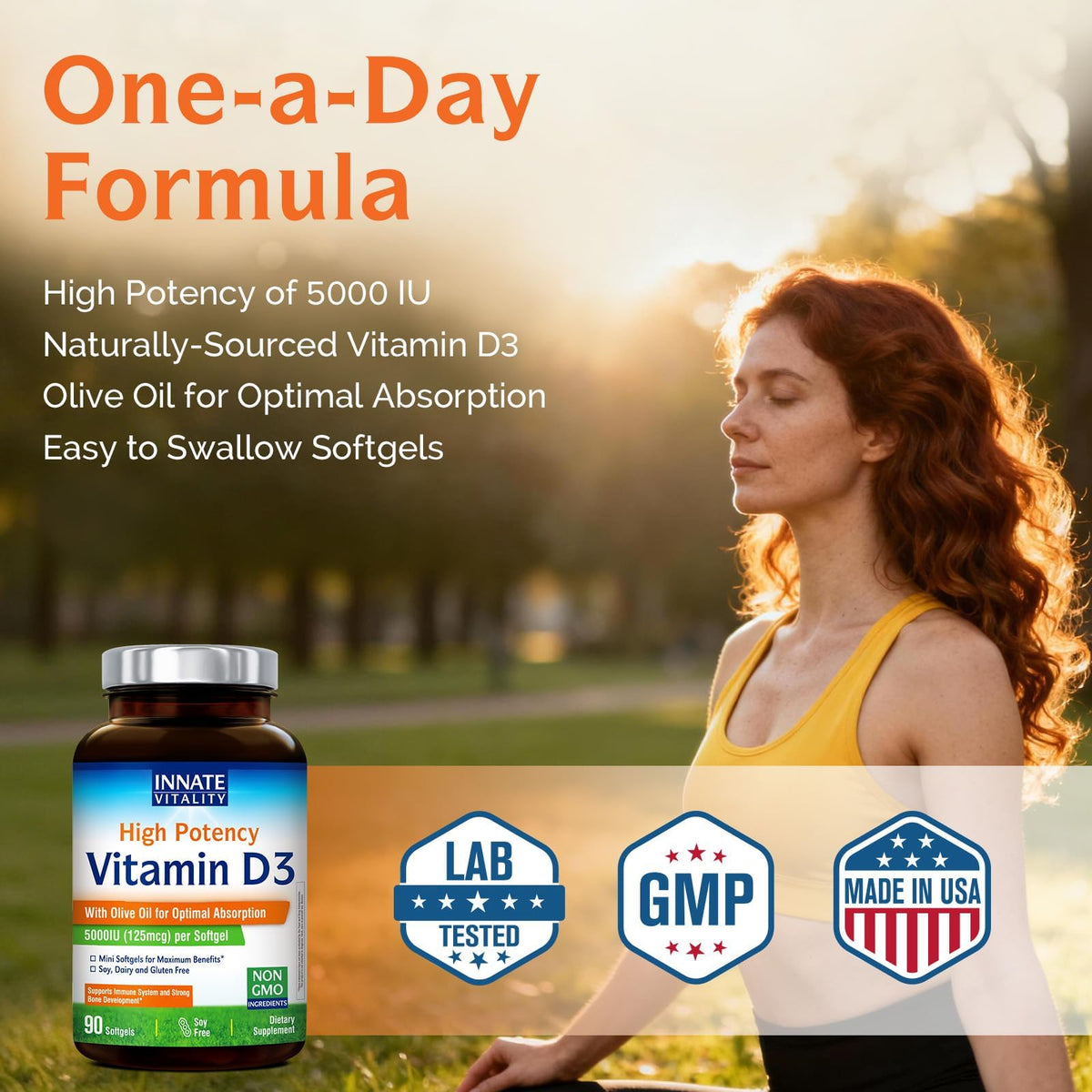 Capsules de Vitamine D3 5000 UI Innate Vitality dans un verre