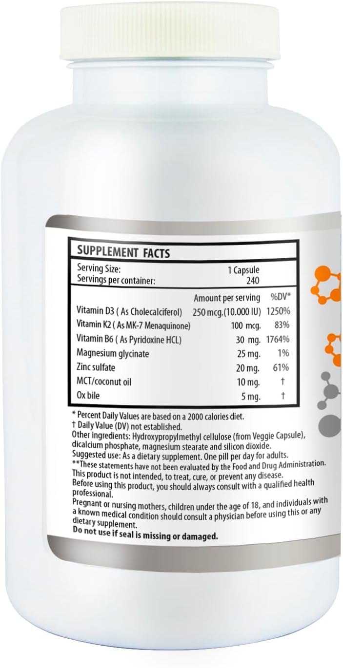 Capsules de Vitamine D3 et K2 de Saint-Marie de los Andes sur un fond blanc.