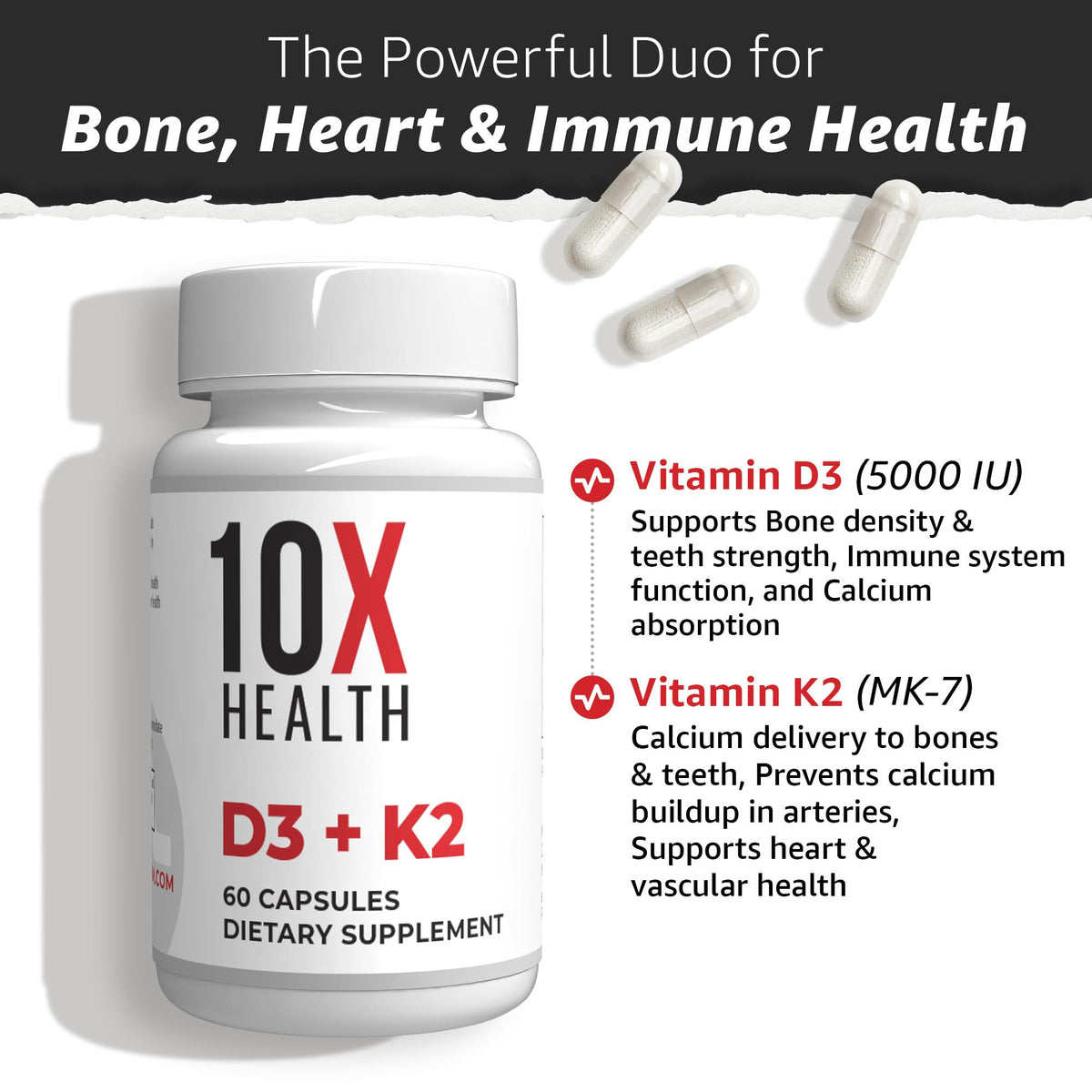Capsules de Vitamine D3 K2 10X Health sur fond blanc